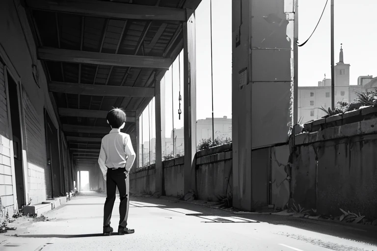 monochrome,masterpiece, illustration, best quality, best aathetic,male focus,long shot,full body,from behind,boy,a boy standing,white shirt,short hair,18 years old,farewell,Roads and telegraph poles,
building,