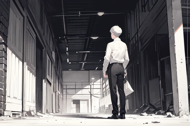 monochrome,masterpiece, illustration, best quality, best aathetic,male focus,long shot,full body,from behind,boy,a boy standing,white shirt,short hair,18 years old,farewell,Roads and telegraph poles,
building,