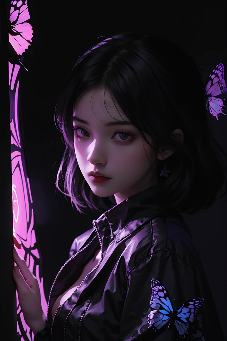 (((Black light art))),1girl with butterflies