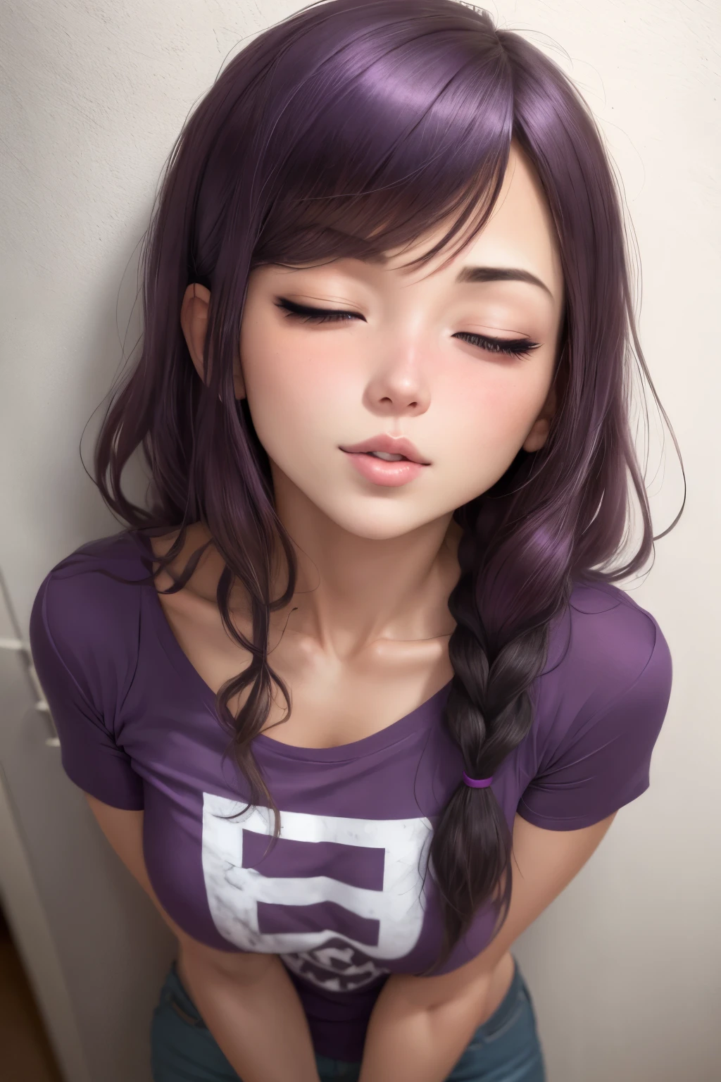 a short sexy woman wearing purple t shirt and black tracks, pinned against the wall, eyes closed, lips parted, blushing intensely, ready to kiss