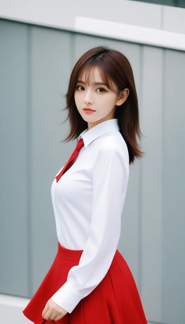 araffe woman in a white shirt and red skirt posing for a picture, anime girl cosplay, smooth white tight clothes suit, sakimichan hdri, cosplay, sakimichan, sakimi chan, trending at cgstation, ayaka cosplay, seductive anime girl, shiny white skin, a hyperrealistic , cosplay photo, sailor uniform