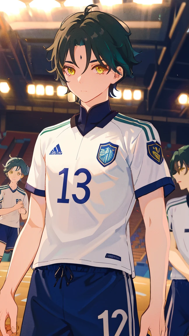 2 boys,dark green hair,highest quality,masterpiece,excessive,male focus,yellow eyes,beautiful eyes,beautiful boy,School,between men,Spouse,soccer club members,Blue soccer uniform,soccer,high school,soccer uniform,blue clothes,soccer court,teammate,same clothes,shoulder to shoulder,feminine,good friend,best image quality,