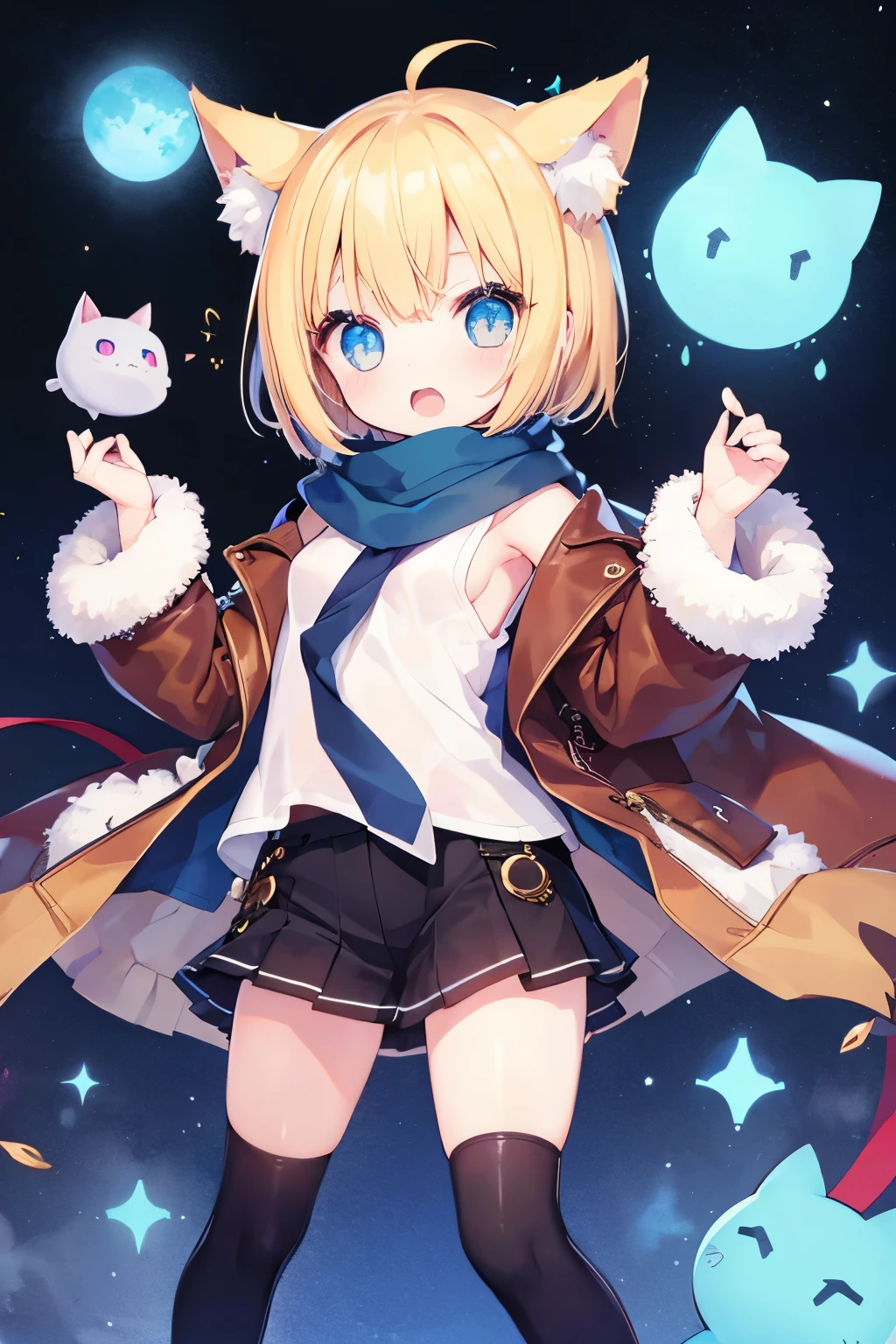 Very beautiful and shining eyes、shining eyes、((1 girl))、small breasts、big mouth、high school girl、small breasts、Cat ear、blonde short hair、scarf、hot pants、transparent clothes、childish clothes、7 year old girl