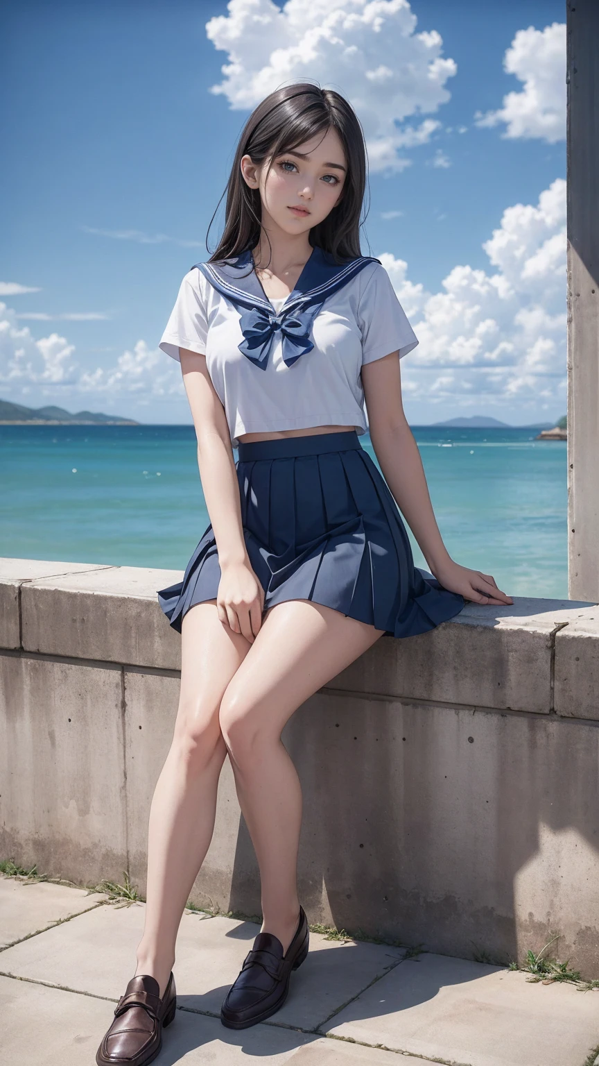 ((最high quality, 8K, masterpiece: 1.3, Ultra HD, high quality, 最high quality, High resolution, realism)) 、An extremely beautiful 18-year-old Japanese woman、hair color is black、black eye、medium hair、straight hair、smile、Slender but well-proportioned muscular body、Athlete-like body type、I don't want my head to disappear from the screen.、sit on a high breakwater on the beach、The blue sky is beautiful、There is an entrance cloud、It's summer、I'm wearing a sailor suit、Wear a navy blue pleated skirt、wear loafers、There is a road in front of the breakwater、There is a sign indicating the bus stop.