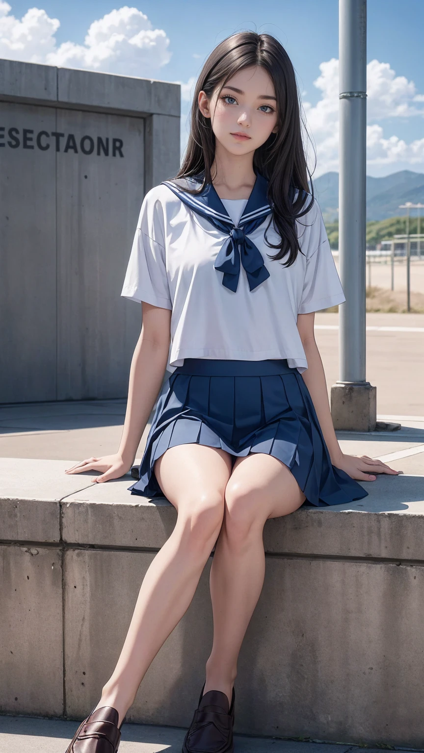 ((最high quality, 8K, masterpiece: 1.3, Ultra HD, high quality, 最high quality, High resolution, realism)) 、An extremely beautiful 18-year-old Japanese woman、hair color is black、black eye、medium hair、straight hair、smile、Slender but well-proportioned muscular body、Athlete-like body type、I don&#39;t want my head to disappear from the screen.、sit on a high breakwater on the beach、The blue sky is beautiful、There is an entrance cloud、It&#39;s summer、I'm wearing a sailor suit、Wear a navy blue pleated skirt、wear loafers、There is a road in front of the breakwater、There is a sign indicating the bus stop.