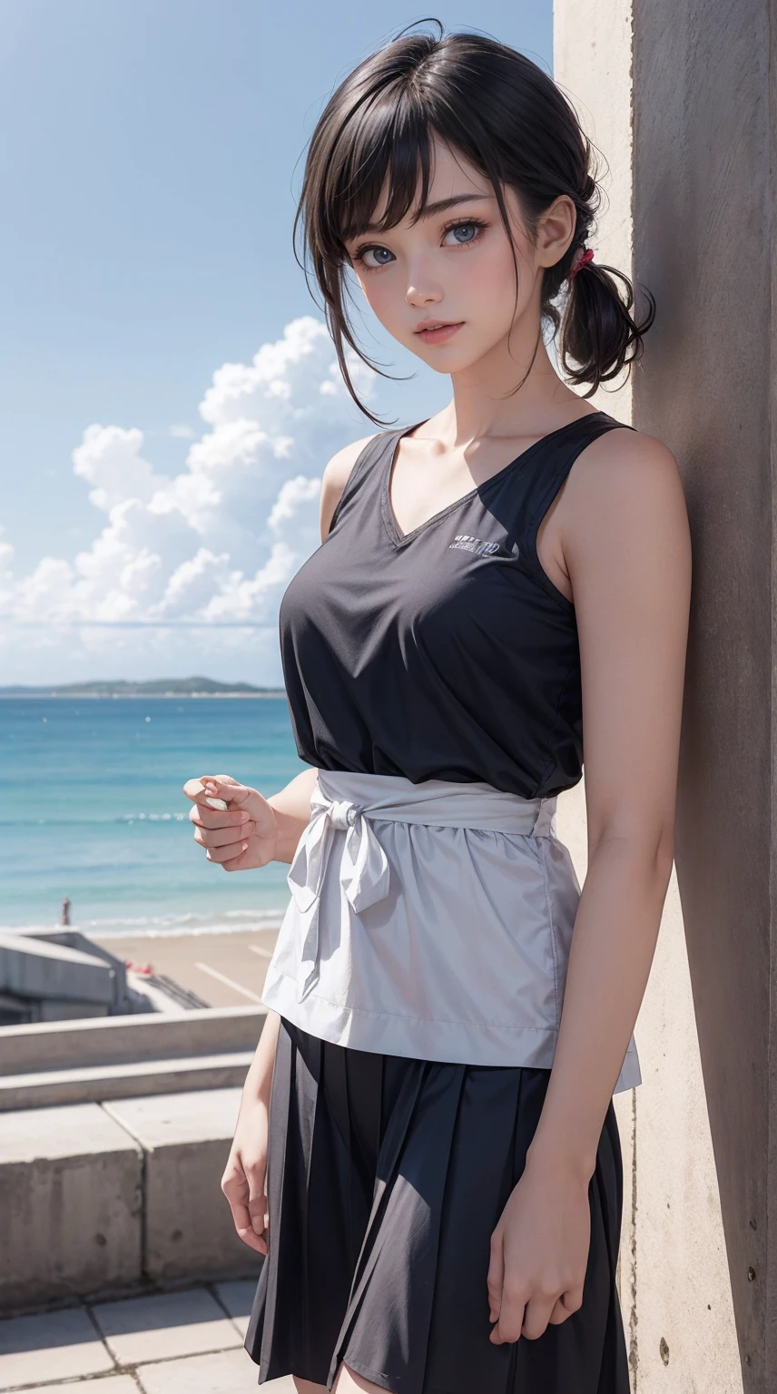 ((最high quality, 8K, masterpiece: 1.3, Ultra HD, high quality, 最high quality, High resolution, realism)) 、An extremely beautiful 18-year-old Japanese woman、hair color is black、black eye、medium hair、straight hair、smile、Slender but well-proportioned muscular body、Athlete-like body type、I don't want my head to disappear from the screen.、sit on a high breakwater on the beach、The blue sky is beautiful、There is an entrance cloud、It's summer、I'm wearing a sailor suit、Wear a navy blue pleated skirt、wear loafers、There is a road in front of the breakwater、There is a sign indicating the bus stop.