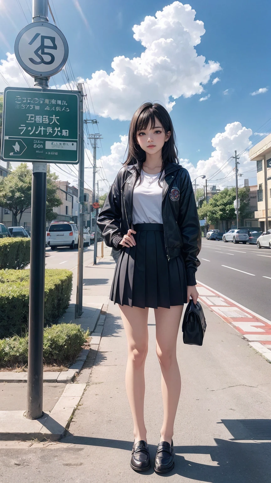 ((最high quality, 8K, masterpiece: 1.3, Ultra HD, high quality, 最high quality, High resolution, realism)) 、An extremely beautiful 18-year-old Japanese woman、hair color is black、black eye、medium hair、straight hair、smile、Slender but well-proportioned muscular body、Athlete-like body type、I don't want my head to disappear from the screen.、sit on a high breakwater on the beach、The blue sky is beautiful、There is an entrance cloud、It's summer、I'm wearing a sailor suit、Wear a navy blue pleated skirt、wear loafers、There is a road in front of the breakwater、There is a sign indicating the bus stop.