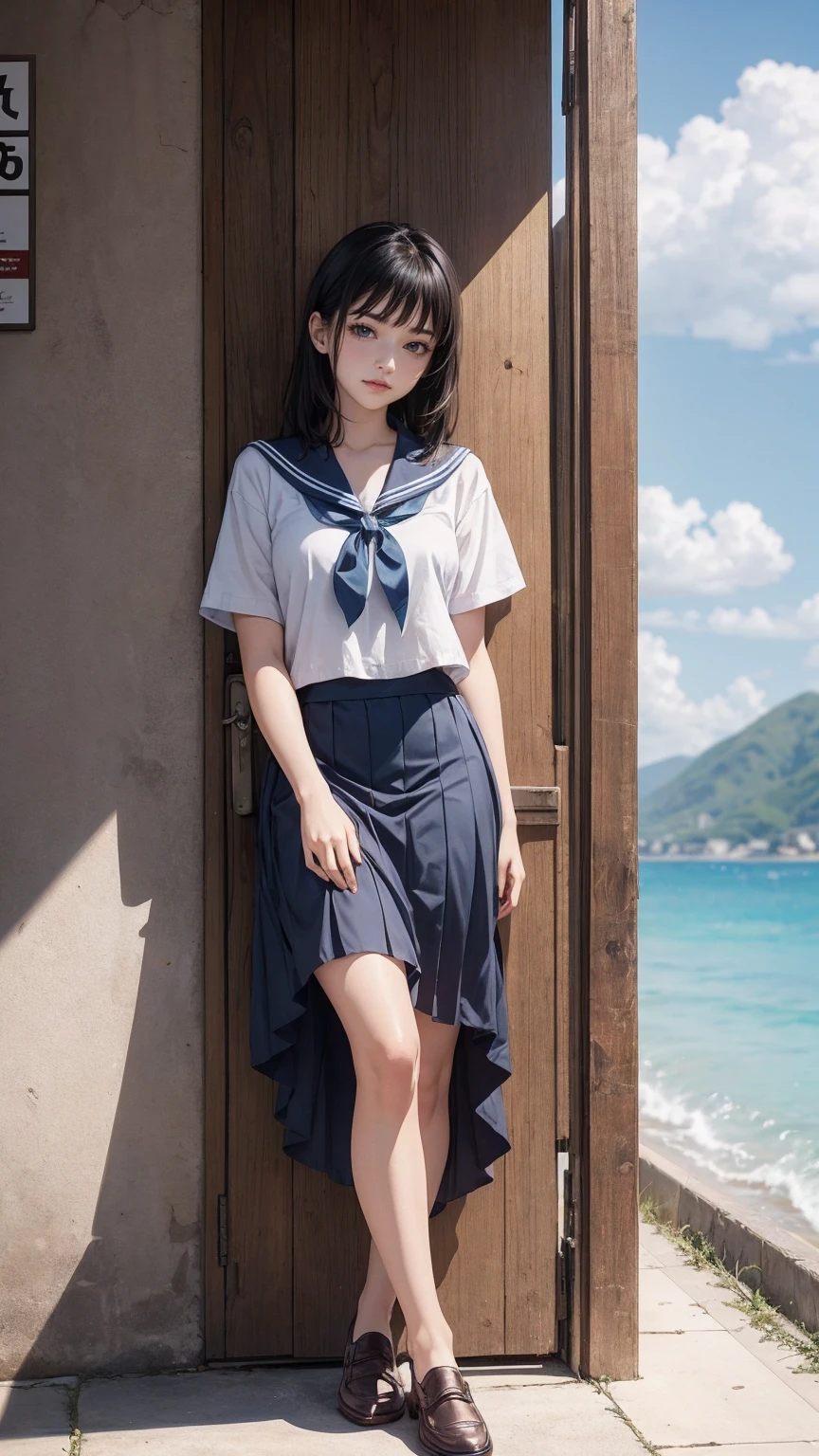 ((最high quality, 8K, masterpiece: 1.3, Ultra HD, high quality, 最high quality, High resolution, realism)) 、An extremely beautiful 18-year-old Japanese woman、hair color is black、black eye、medium hair、straight hair、smile、Slender but well-proportioned muscular body、Athlete-like body type、I don't want my head to disappear from the screen.、sit on a high breakwater on the beach、The blue sky is beautiful、There is an entrance cloud、It's summer、I'm wearing a sailor suit、Wear a navy blue pleated skirt、wear loafers、There is a road in front of the breakwater、There is a sign indicating the bus stop.