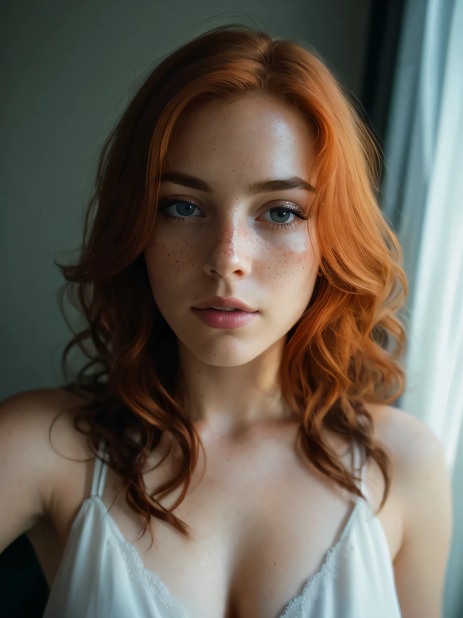 1girl in, 19, Solo, Aesthetic artwork, irish redhead, wavy ginger hair, shoulder length ginger hair, gray eyes, light grey eyes, some small freckles, pale skin, A-cup, medium breasts, runners body, (textured skin, skin pores:1.1), (moles:0.8), imperfect skin, goosebumps, sitting on chair in front of bar table, having a drink in hand, half body photo (extremely detailed 8k wallpaper), soft lighting, high quality, film grain, Fujifilm XT3 sharp focus, f 5.6, 50mm, High Detail, Sharp focus,(natural light), wearing black pent and white shirt, wearing black pent and white shirt, crazy details, complex details, hyperdetailed