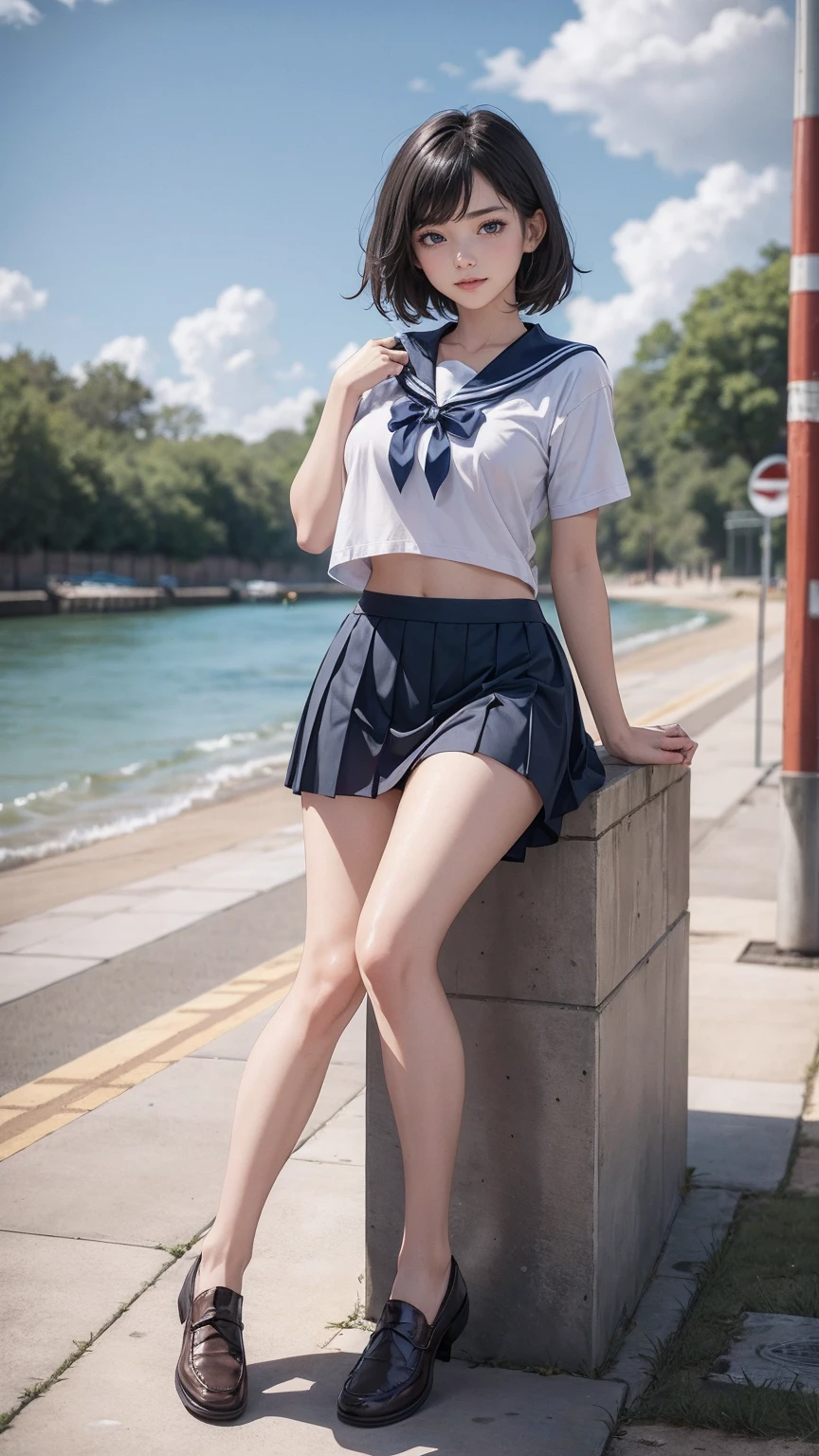 ((最high quality, 8K, masterpiece: 1.3, Ultra HD, high quality, 最high quality, High resolution, realism)) 、An extremely beautiful 18-year-old Japanese woman、hair color is black、black eye、medium hair、straight hair、smile、Slender but well-proportioned muscular body、Athlete-like body type、I don't want my head to disappear from the screen.、sit on a high breakwater on the beach、The blue sky is beautiful、There is an entrance cloud、It's summer、I'm wearing a sailor suit、Wear a navy blue pleated skirt、wear loafers、There is a road in front of the breakwater、There is a sign indicating the bus stop.