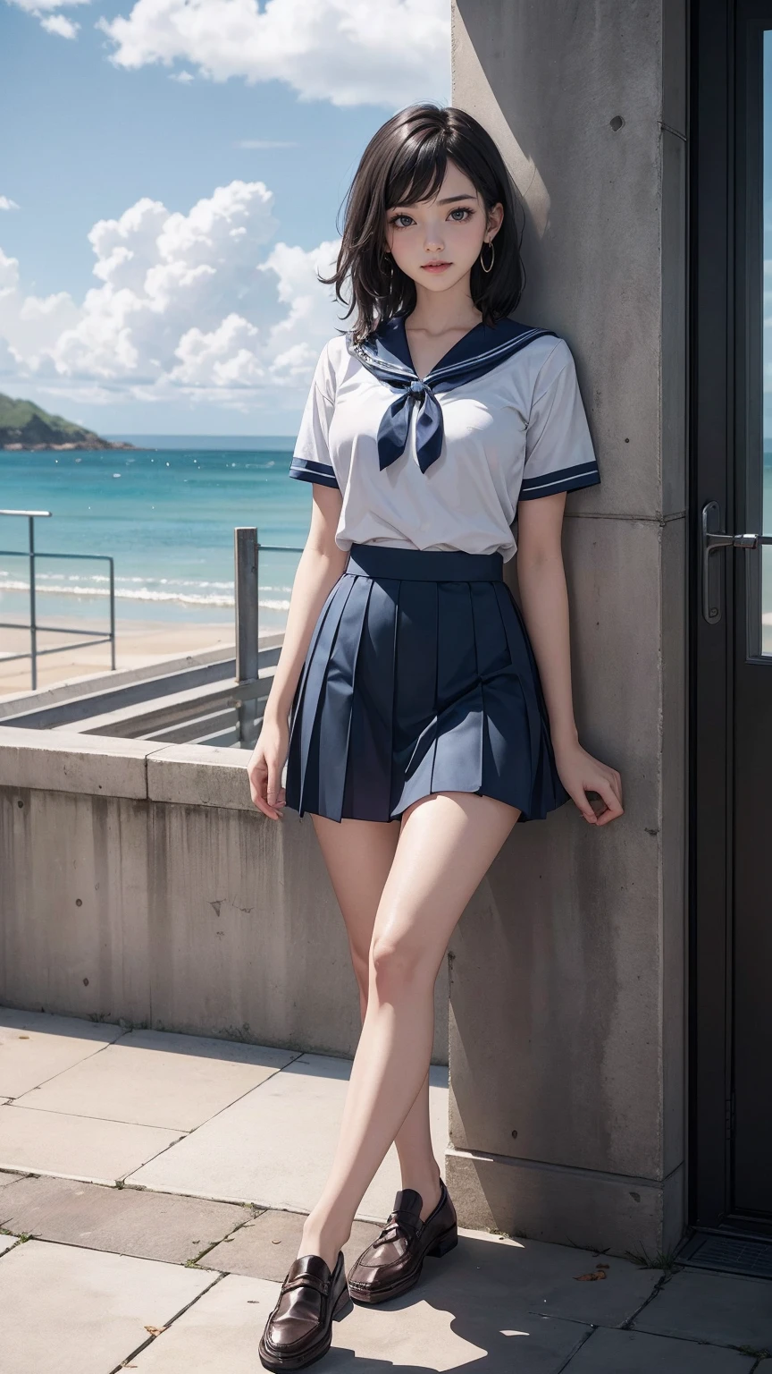 ((最high quality, 8K, masterpiece: 1.3, Ultra HD, high quality, 最high quality, High resolution, realism)) 、An extremely beautiful 18-year-old Japanese woman、hair color is black、black eye、medium hair、straight hair、smile、Slender but well-proportioned muscular body、Athlete-like body type、I don't want my head to disappear from the screen.、sit on a high breakwater on the beach、The blue sky is beautiful、There is an entrance cloud、It's summer、I'm wearing a sailor suit、Wear a navy blue pleated skirt、wear loafers、There is a road in front of the breakwater、There is a sign indicating the bus stop.