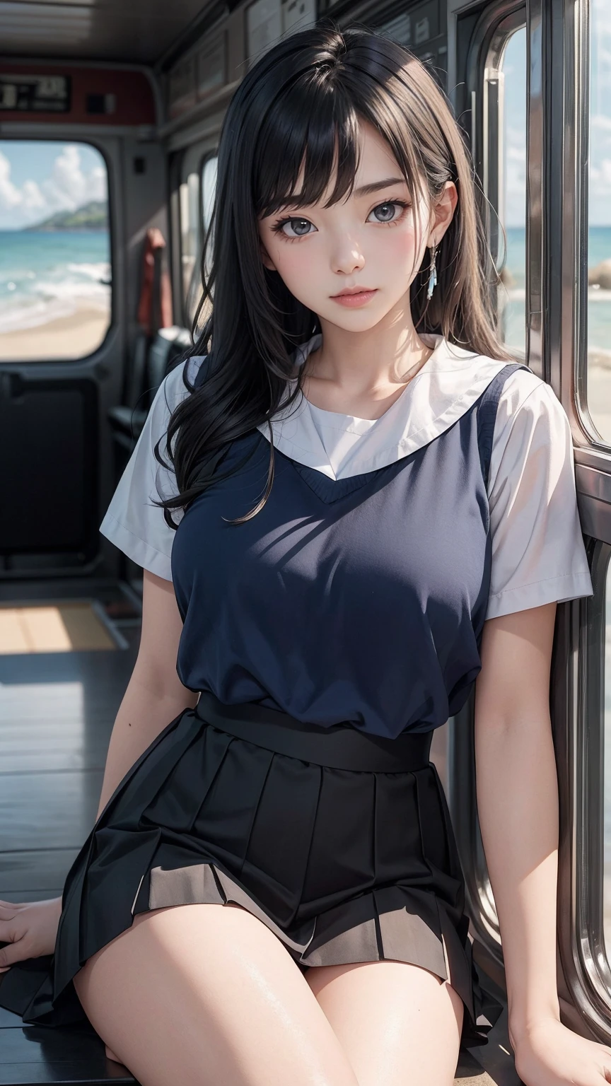 There is a woman sitting on the ground wearing a blue dress Japanese girl, blue tight T-shirt, short sleeves, wearing a cute top, wearing a shirt, sailor uniform, blue costume, open V-chest dress, blue clothes, blue soft details, Japanese woman, short hair, close, blue shirt, low angle shooting, low angle shooting, cute, very cute, showing cute expressions, rich details