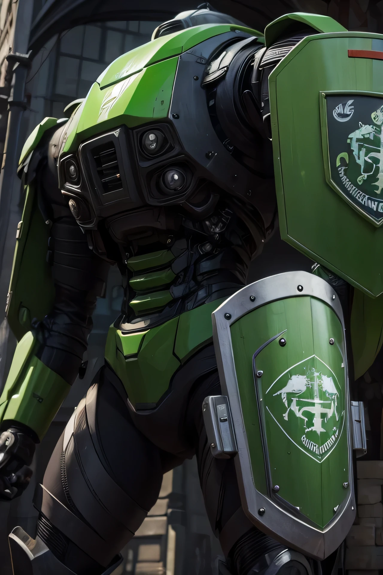 green robot with a shield protecting a human