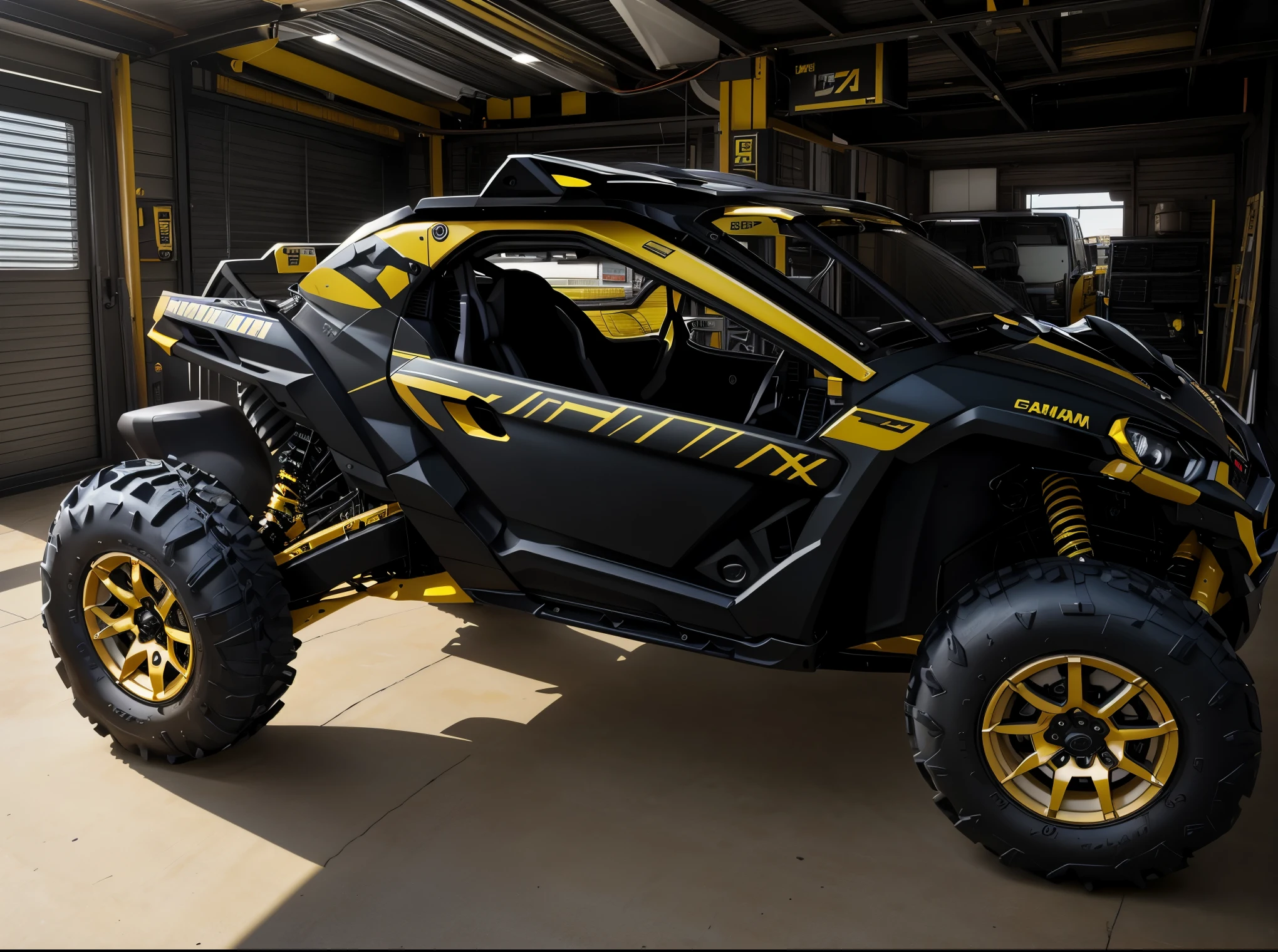 2024 CanAm Maverick R X RS Smart Shox ATV parked in a garage with a yellow and black paint job, versatile, octane fender, black armor with yellow accents, samurai vinyl wrap, octane 8, side front view, buggy, front-view, black and yellow scheme, wide portrait