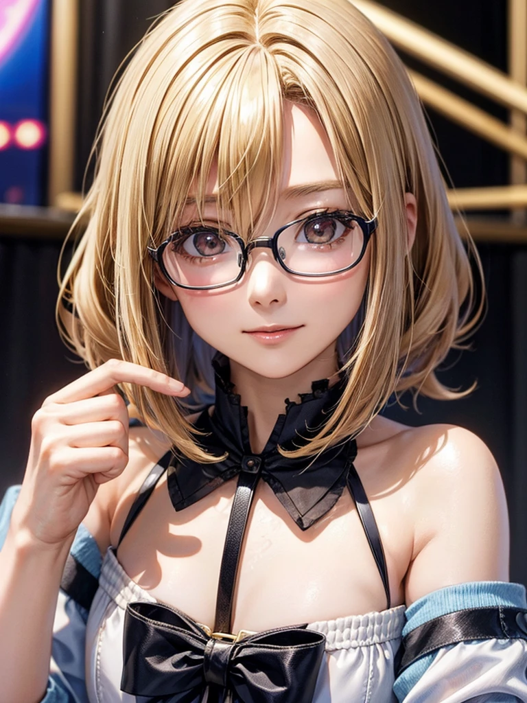 20 year old female、shiny hair quality、beautiful blonde、bob hair、Glasses、Glasses美人、Idol、live、stage、舞台で歌を歌うIdol、Idolの衣装、cute、perfect skeleton