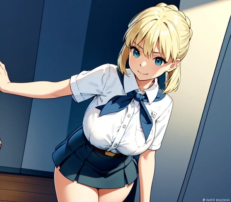 (NSFW:1.2), No modification, table top, (absurd:1.1), very detailed and beautiful, anime style, 1 girl, blue eyes, blonde, Sheer blouse, Unbuttoned blouse, open shirt, pleated skirt, hair clip, small breasts, classroom, Excited, lying on the desk with legs apart, Bend your knees and open legs,  twin tail hair, sweating, chest comes out, 1 boy, (sex:1.3)