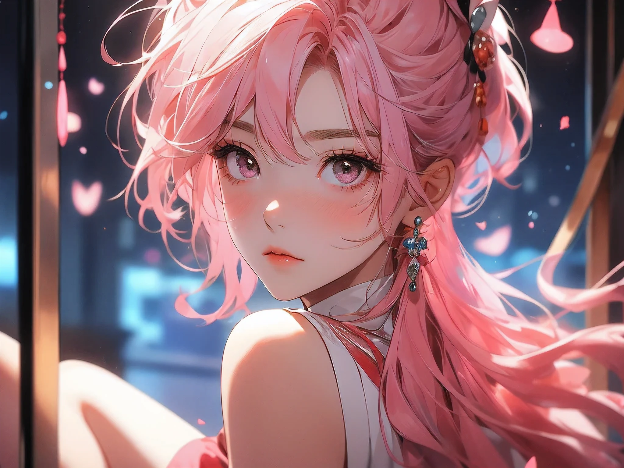 1 girl，pink hair，Royal sister，peach blossom eyes，beauty mark，Room，sad