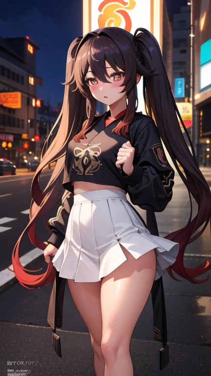 masterpiece, highest quality, Fu Tao V4, 1 girl, alone, blush, twin tails, long hair, hair between eyes, ((streetwear)), city, outdoor, night, movie poster, Highly detailed 8K, Smooth, High resolution, super high quality, cinematic lighting, ambient occlusion, hd, 2k, 4k, 8K, 16k, very detailed anime, detailed face, perfect composition, wide shot, atmosphere lighting, very sexy, lift skirt, random waist angle, No correction, NSFW, No correction