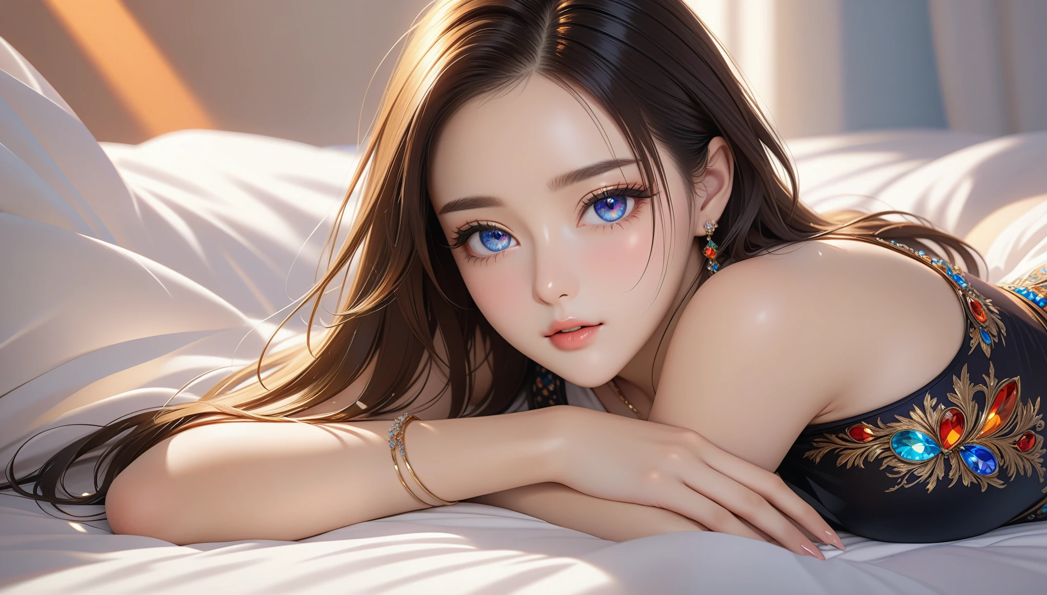 16k ultra-fine CG wallpaper, masterpiece, Excellent picture quality, Super exquisite), (Excellent light and shadow, Exquisite and beautiful), truly smooth skin, bright face, 18K close-up perfect display, Change, Lovely, Girl in sexy clothes, Lying prone on the big white bed, Colorful jewel-like eyes.