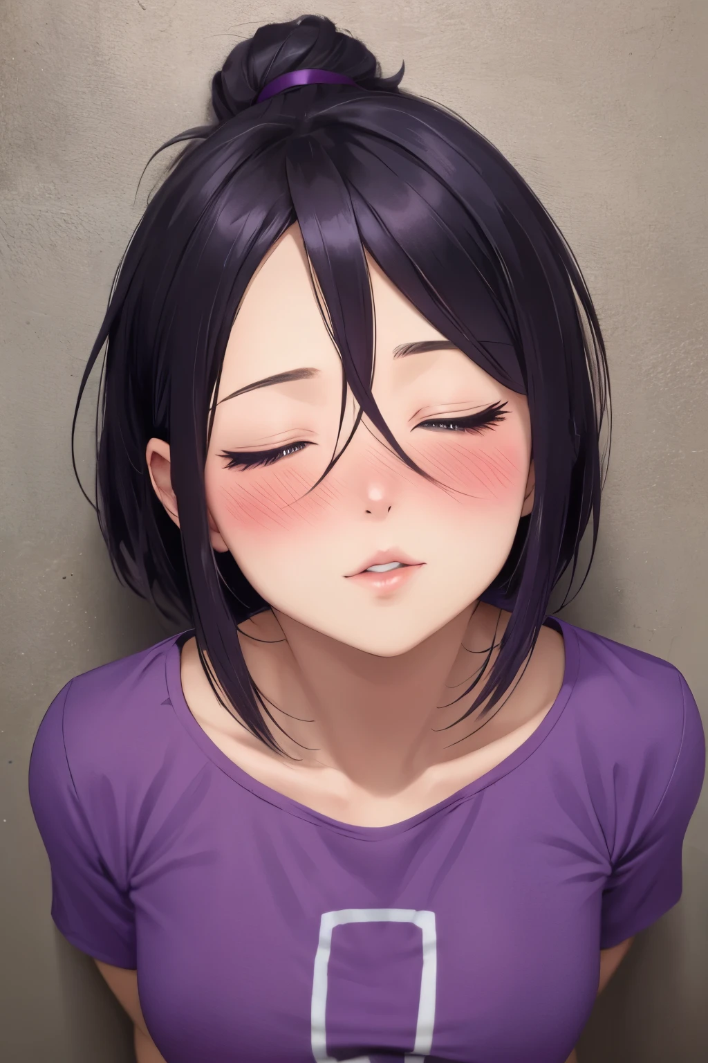 a short sexy woman wearing purple t shirt and black tracks, pinned against the wall, eyes closed, lips parted, blushing intensely, ready to kiss