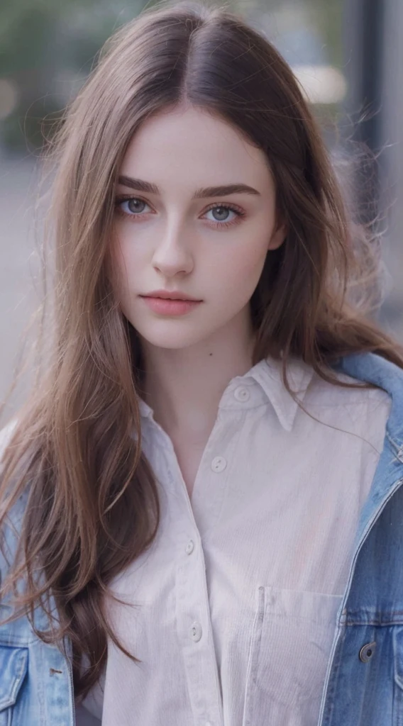 arafed woman with long hair wearing a denim jacket and a white shirt, dilraba dilmurat, ilya kuvshinov with long hair, anna nikonova aka newmilky, high quality portrait, beautiful young girl, natural soft pale skin, beautiful girl model, girl with brown hair, soft portrait shot 8 k, soft flawless pale skin