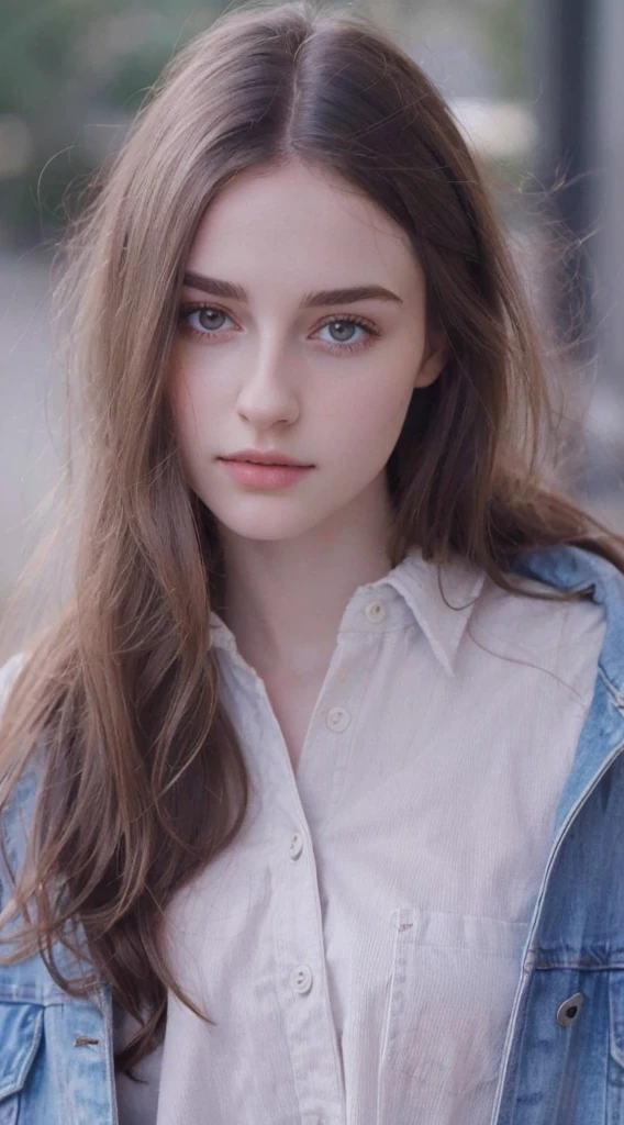 arafed woman with long hair wearing a denim jacket and a white shirt, dilraba dilmurat, ilya kuvshinov with long hair, anna nikonova aka newmilky, high quality portrait, beautiful young girl, natural soft pale skin, beautiful girl model, girl with brown hair, soft portrait shot 8 k, soft flawless pale skin