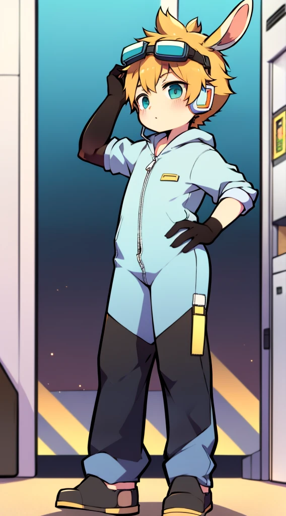 2D boy Shota，jumpsuit，Slim, healthy body，Put the headphones on your head，stand up，goggles，rabbit ears，Pull down the zipper，Transparent dead stock water underwear