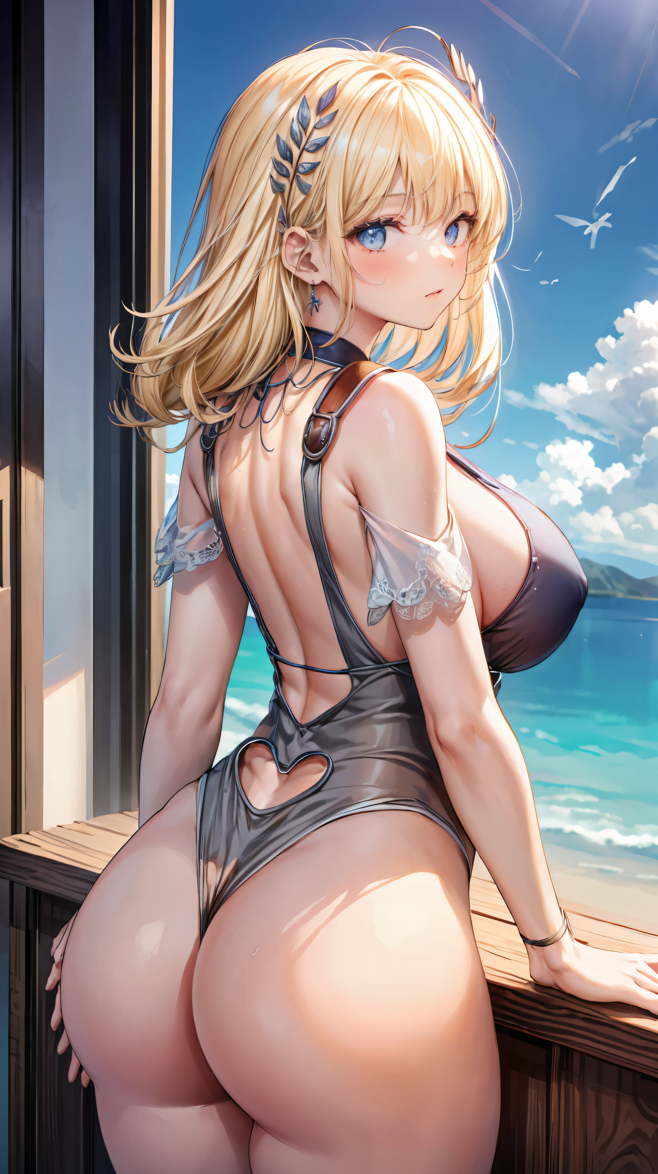 ultra-detailed、highest quality、Highest image quality、master piece、8K、blonde curly hair、(SFW huge body)、(((Rear view)))、cowboy shot、butt、T-back、underwear model