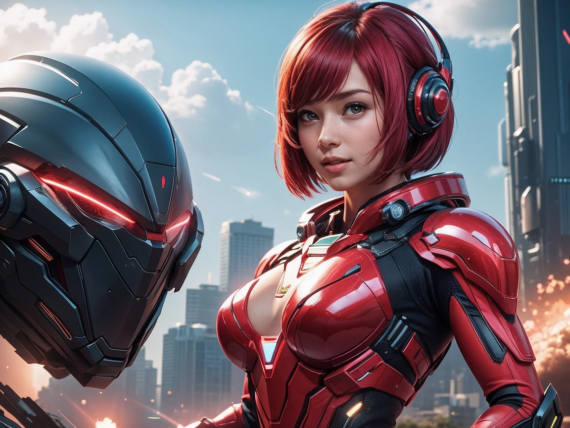 (Raw photo, highest quality), (realistic, Photoreal:1.3), 1 girl、realisticbody、strawberry battle suit costume、Meteor shower coming from space、Fighting Dinosaur Aliens、shield and ray gun、smile