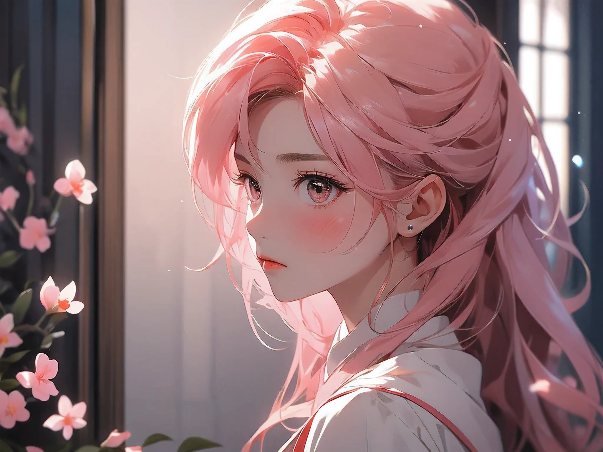 1 girl，pink hair，Royal sister，peach blossom eyes，beauty mark，Room，sad