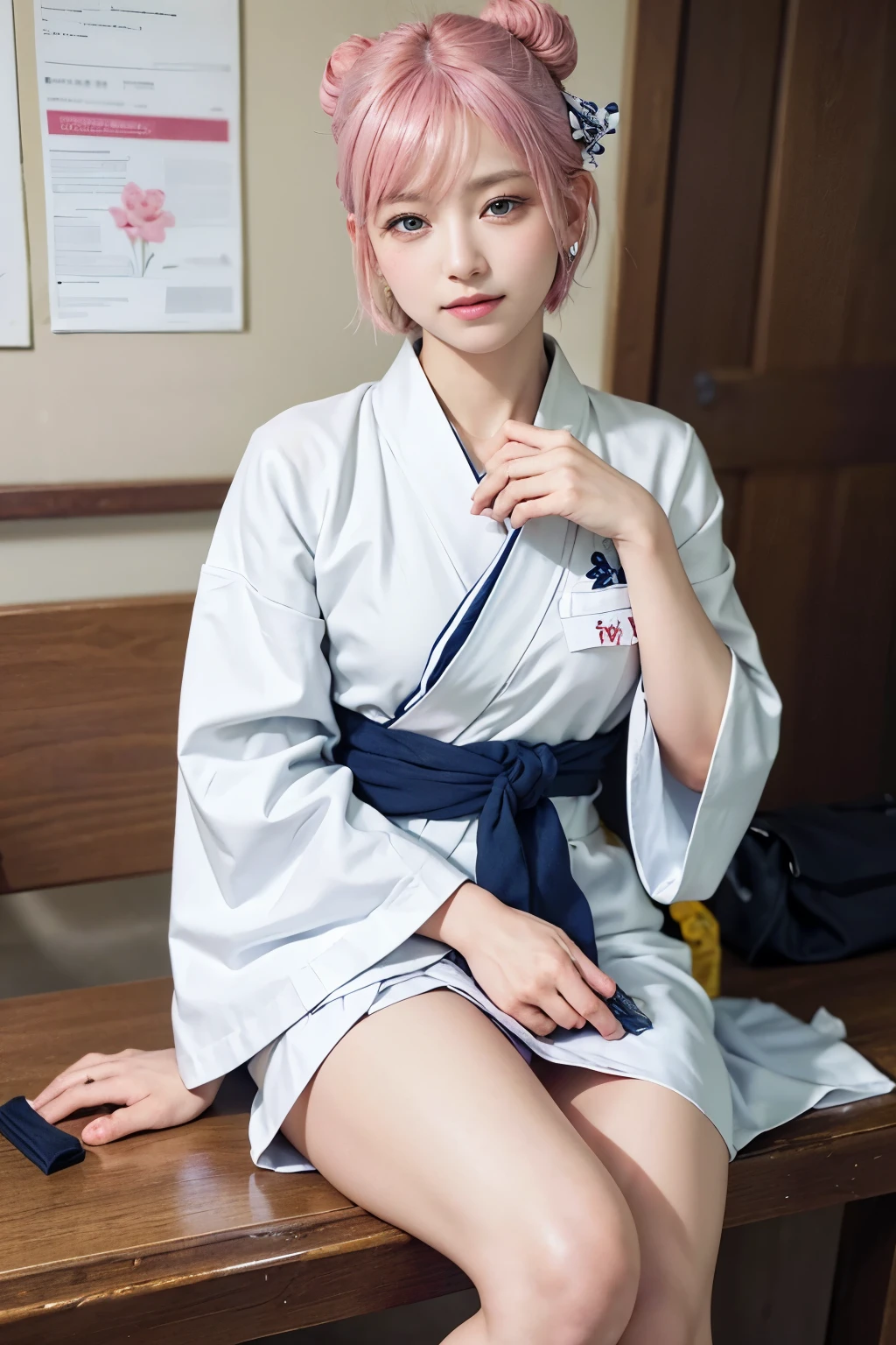(8K, highest quality, masterpiece:1,2), (realistic, Photoreal:1.37), Super detailed, one girl,), (very detailed), (detailed and beautiful eyes), (highest qualityの), (Super detailed ), (masterpiece), (detailed face),20-year-old, ,1 girl, ((pink hair,very short hair)), medium breasts, dressed, perfect lighting, break (navy blue haori:1.3), (white collar:1.2), (three quarter sleeves:1.2), (white kimono:1.4), (nature motif pattern:1.2), (navy blue hakama:1.3), (Ankle length:1.2), (The hem is not too wide either、:1.2), (white obi:1.4), (simple knot:1.2), (white foot bag:1.2), (Black geta:1.2), (low height:1.2), (Easy to walk:1.2), (bun hair:1.2), (hair ornaments:1.2), (flowers and pieces of paper:1.2), break bun hair, flowers and pieces of paper hair ornaments, smile, friendly, looking at camera, hold soba with right hand, Holding chopsticks with left hand, Please do not put soup on the soba., In front of the soba shop counter, Wall with menu and photos, Natural light, Adding soft shadows to the face