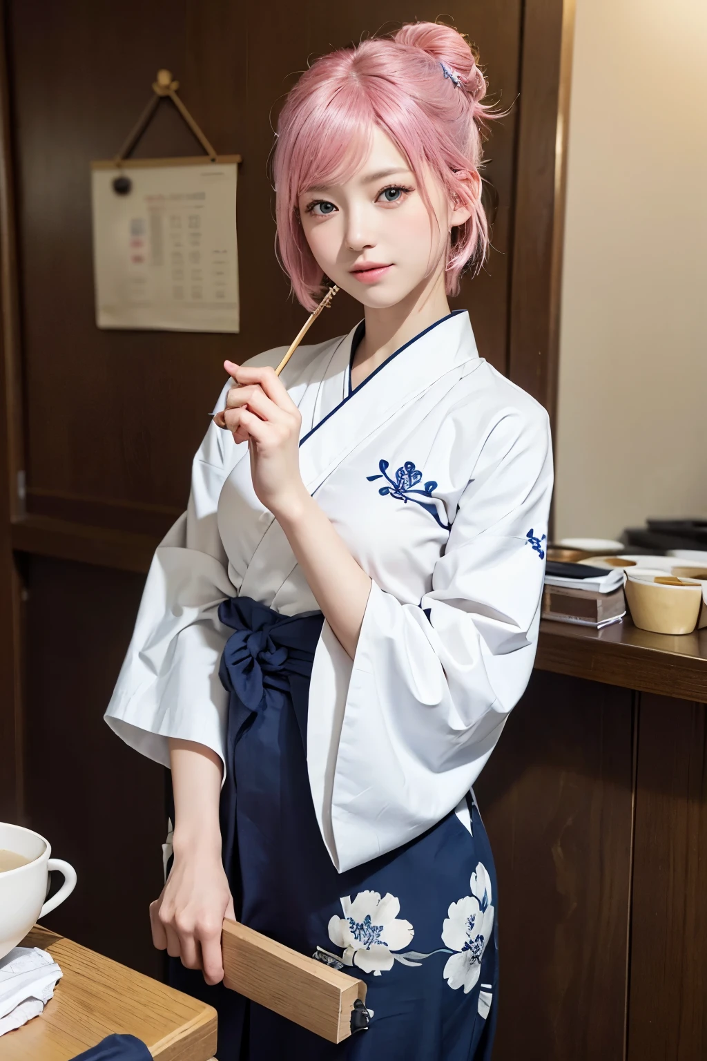 (8K, highest quality, masterpiece:1,2), (realistic, Photoreal:1.37), Super detailed, one girl,), (very detailed), (detailed and beautiful eyes), (highest qualityの), (Super detailed ), (masterpiece), (detailed face),20-year-old, ,1 girl, ((pink hair,very short hair)), medium breasts, dressed, perfect lighting, break  (navy blue haori:1.3), (white collar:1.2), (three quarter sleeves:1.2), (white kimono:1.4), (nature motif pattern:1.2), (navy blue hakama:1.3), (Ankle length:1.2), (The hem is not too wide either、:1.2), (white obi:1.4), (simple knot:1.2), (white foot bag:1.2), (Black geta:1.2), (low height:1.2), (Easy to walk:1.2), (bun hair:1.2), (hair ornaments:1.2), (flowers and pieces of paper:1.2), break bun hair, flowers and pieces of paper hair ornaments, smile, friendly, looking at camera, hold soba with right hand, Holding chopsticks with left hand, Please do not put soup on the soba., In front of the soba shop counter, Wall with menu and photos, Natural light, Adding soft shadows to the face
