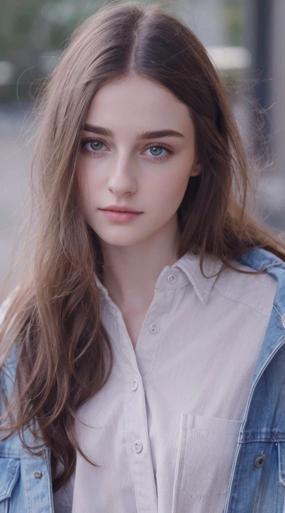 arafed woman with long hair wearing a denim jacket and a white shirt, dilraba dilmurat, ilya kuvshinov with long hair, anna nikonova aka newmilky, high quality portrait, beautiful young girl, natural soft pale skin, beautiful girl model, girl with brown hair, soft portrait shot 8 k, soft flawless pale skin
