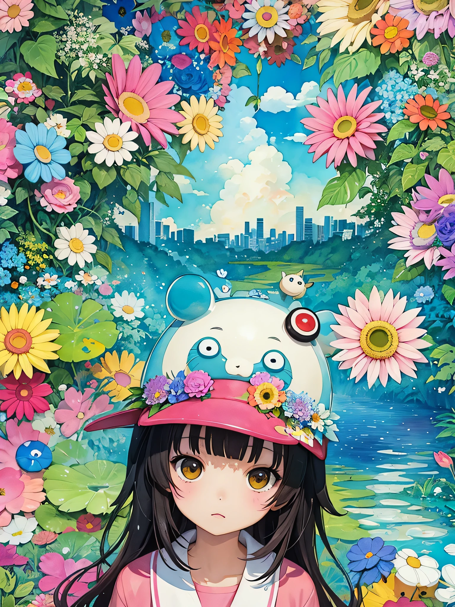 My Neighbor Totoro Style、8K quality, Takashi murakami'illustration of, intense watercolor, watercolor detailed art, watercolor splash, surreal, avant-garde pop art, Beautiful and expressive paintings, beautiful artwork illustration of, very colorful tones, wonderful, cool beauty, highest quality,official art, vector art,stylish design, ((most beautiful girl ever))), (((highest quality))), HDR, ((Detailed details)), (((graffiti art))), ((masterpiece))、((Super detailed))、(((colorful flowers)))、(((futuristic cityscape)))