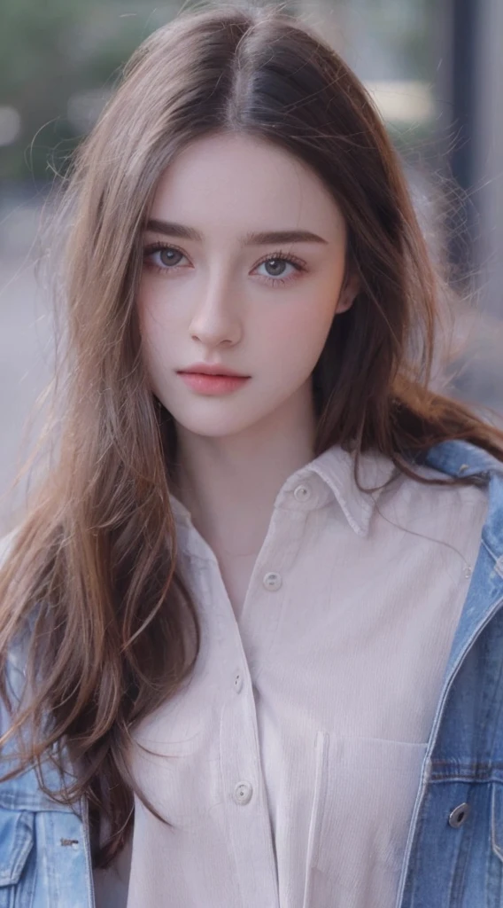 arafed woman with long hair wearing a denim jacket and a white shirt, dilraba dilmurat, ilya kuvshinov with long hair, anna nikonova aka newmilky, high quality portrait, beautiful young girl, natural soft pale skin, beautiful girl model, girl with brown hair, soft portrait shot 8 k, soft flawless pale skin