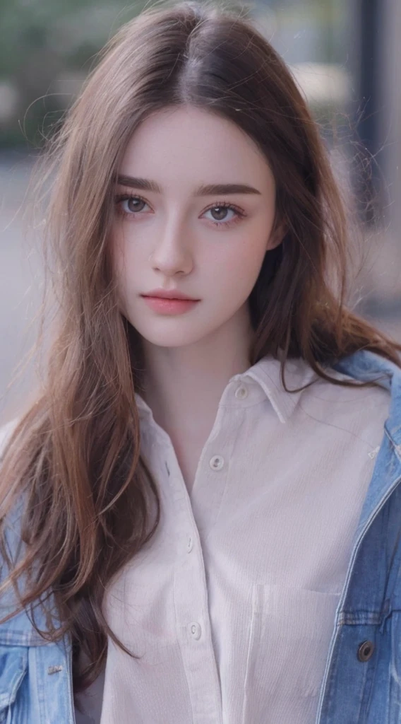arafed woman with long hair wearing a denim jacket and a white shirt, dilraba dilmurat, ilya kuvshinov with long hair, anna nikonova aka newmilky, high quality portrait, beautiful young girl, natural soft pale skin, beautiful girl model, girl with brown hair, soft portrait shot 8 k, soft flawless pale skin
