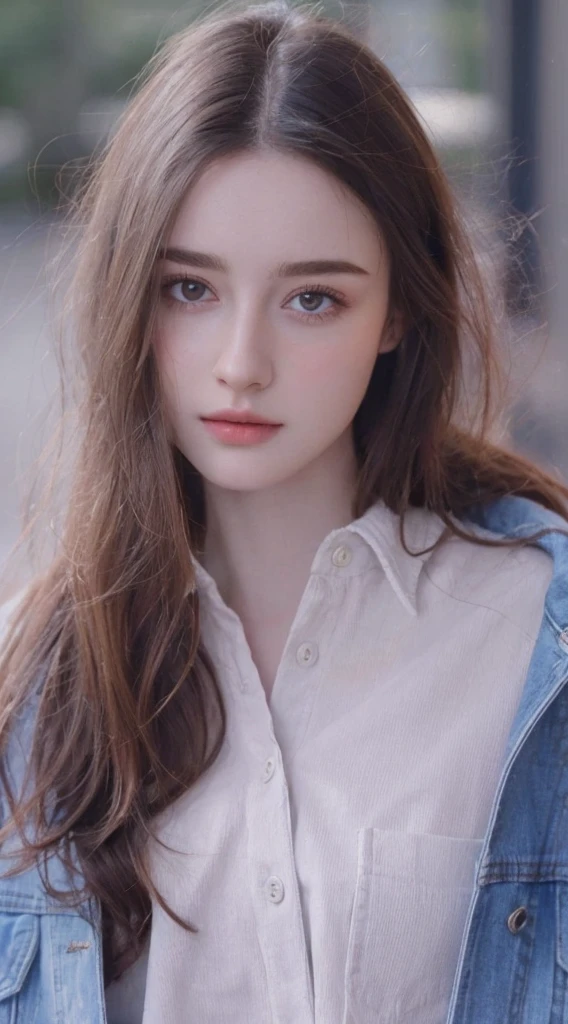 arafed woman with long hair wearing a denim jacket and a white shirt, dilraba dilmurat, ilya kuvshinov with long hair, anna nikonova aka newmilky, high quality portrait, beautiful young girl, natural soft pale skin, beautiful girl model, girl with brown hair, soft portrait shot 8 k, soft flawless pale skin
