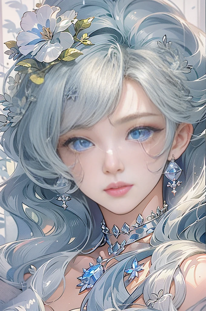 The hair is covered with beautiful and delicate floral craftsmanship, Crystal jewelry filigree， jewelry， and Ultra-detailed details， Beautiful aristocratic girl，Gray hair is elegantly coiled，(((Silvertone)))， golden colored。 Blue and purple clear eyes， crystal， Illusion.