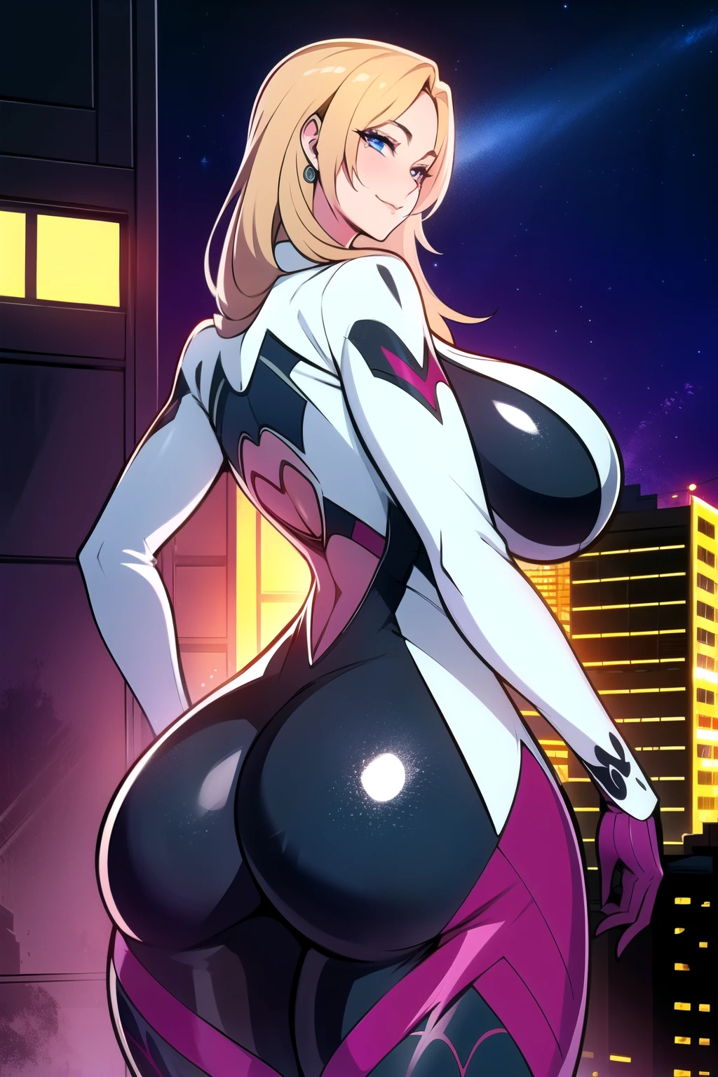 ultra realistic 8k cg, masterpiece, ((ultra detailed background,  intricate detail, highly detailed, fine details best quality, hyperdetailed face)), gigantic breasts ,beautiful lighting, absurdres, BoaHancockV2,  1girl, solo, blonde hair, long hair, jewelry, closed mouth, ), (Spider-gwen costume, curvy, shiny clothes), blue eyes, complex detailed background, outside, standing on top of buildings at night), ((cowboy shot)), curvy, (gigantic breasts: 1.1), seductive smile, cowboy shot, curvy ass, big butt, bubble butt, 