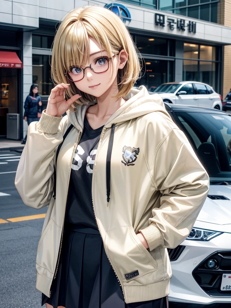 20 year old female、shiny hair quality、beautiful blonde、bob hair、Glasses、Glasses美人、sports car、drive、car、hoodie、skirt、cute、perfect skeleton