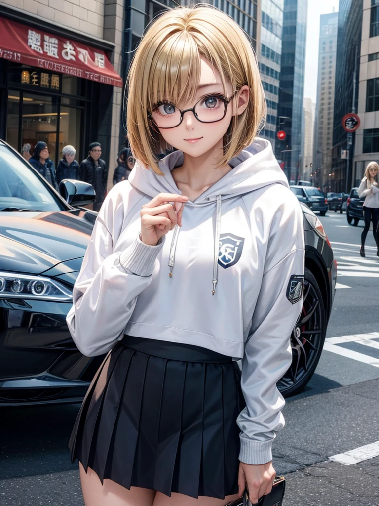 20 year old female、shiny hair quality、beautiful blonde、bob hair、Glasses、Glasses美人、sports car、drive、car、hoodie、skirt、cute、perfect skeleton