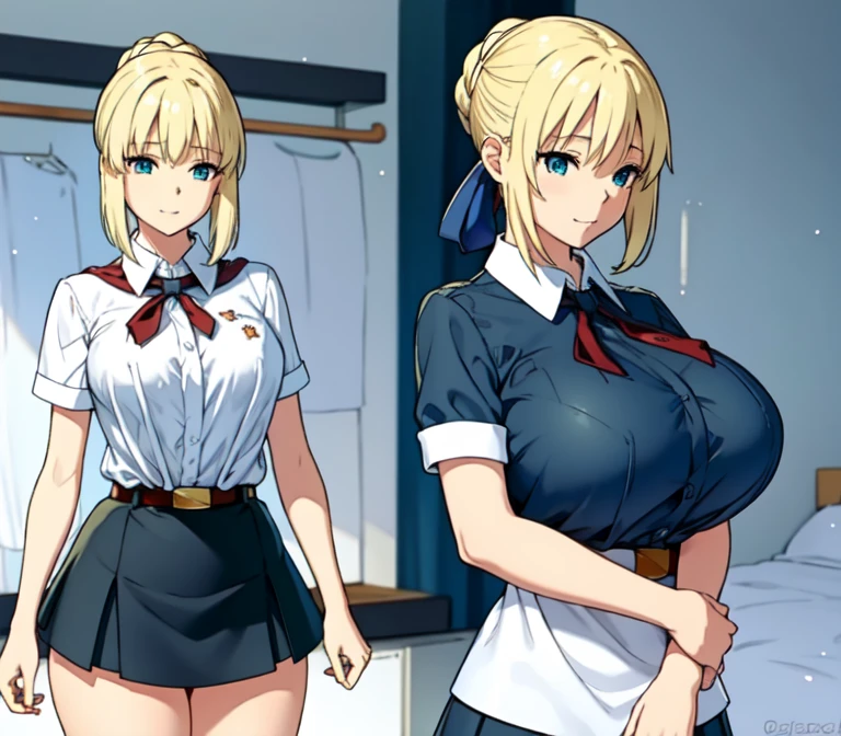 one very young slim fit girl, full height, rounded face, big blue eyes, shy smile, perfect huge breasts, pioneer neckerchief, micro tight blue pleated skirt, bangs, tight white shirt, short sleeves, collared shirt, belt, red neckerchief, breast pocket, braid, hair ribbon, blue ribbon, short curly fluffy blonde hair, saber