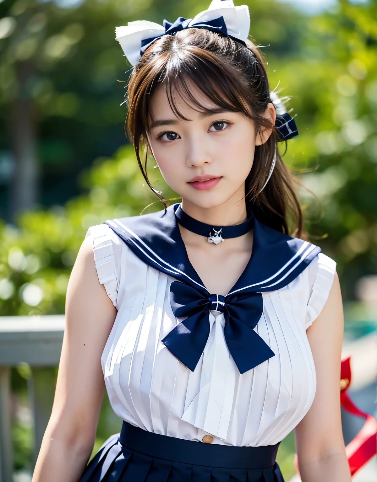 NSFW, 16k raw photos, highest quality, masterpiece, ultra high resolution, film grain, ((She is wearing (a high school sailor uniform).
(navy sailor collar:1.4),(white shirt:1.4),(navy pleats skirt:1.4),(navy bow:1.4),)).film, 1 girl, look at the audience, Natural skin texture very heavy chest))),Realistic eye and face details, full lips, lipstick makeup), red eyeshadow, Fluffy ponytail hair, messy hair, A sloppy smile, beautiful legs, tall woman, skinny, slim_Legs, solo, huge breasts, cleavage, butt, shirt,, around the flower position, (detailed background,skimpy white shirt, huge breasts, cleavage, blurred background, plaid,, ((JK with a silver ribbon wrapped around her neck))),big JK ribbon, brown hair, bracelet, water, bangs, jewelry, parted lips,, Depth of bounds written、Underarm pussy、beautiful sea、water color striped pattern、beautiful sandy beach、