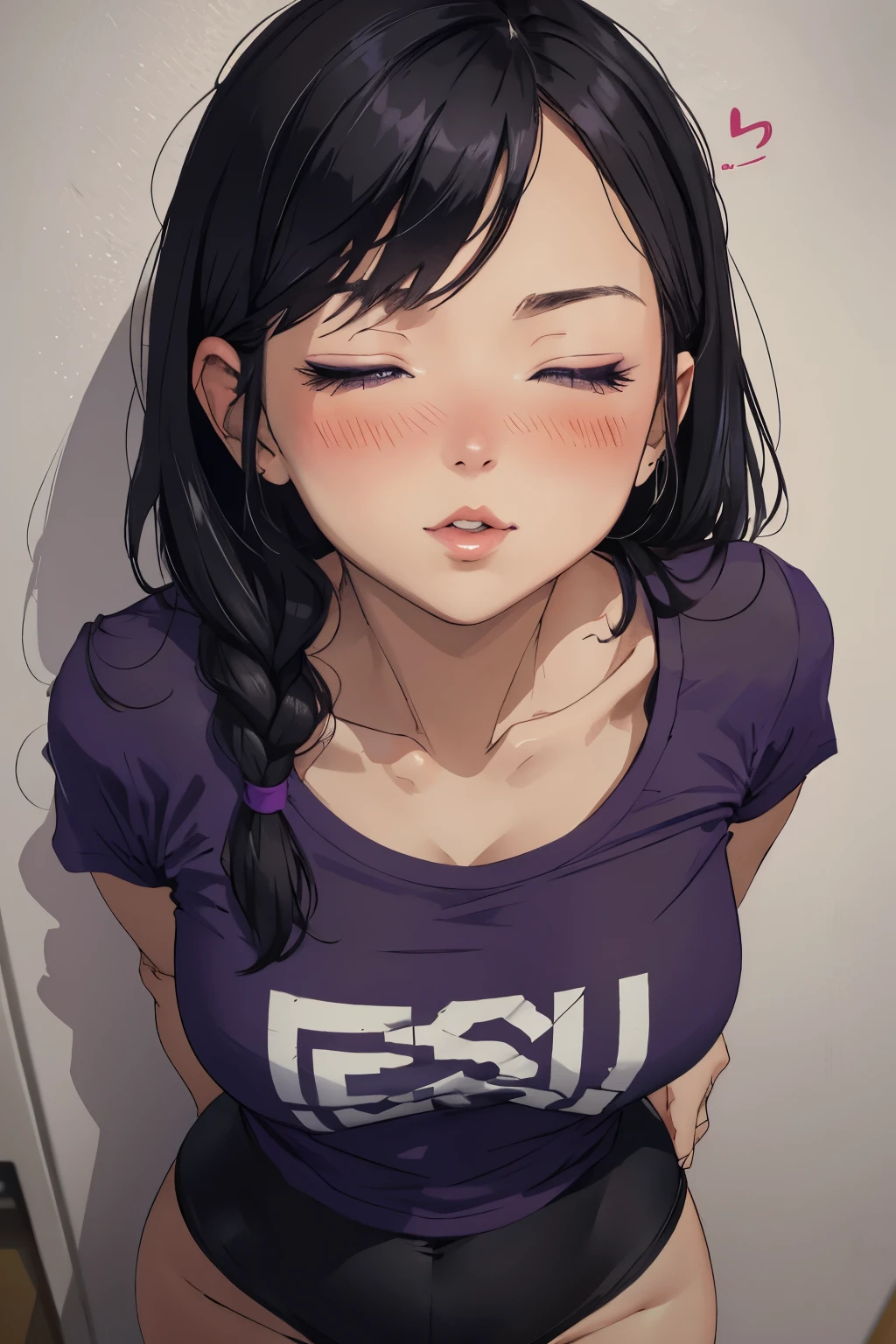 a short sexy woman wearing purple t shirt and black tracks, pinned against the wall, eyes closed, lips parted, blushing intensely, ready to kiss