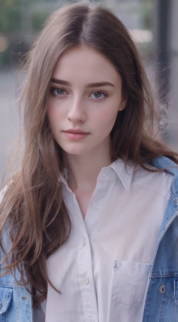 arafed woman with long hair wearing a denim jacket and a white shirt, dilraba dilmurat, ilya kuvshinov with long hair, anna nikonova aka newmilky, high quality portrait, beautiful young girl, natural soft pale skin, beautiful girl model, girl with brown hair, soft portrait shot 8 k, soft flawless pale skin