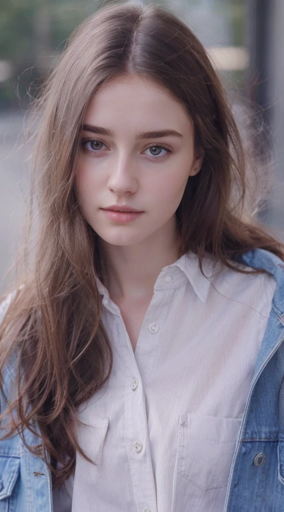arafed woman with long hair wearing a denim jacket and a white shirt, dilraba dilmurat, ilya kuvshinov with long hair, anna nikonova aka newmilky, high quality portrait, beautiful young girl, natural soft pale skin, beautiful girl model, girl with brown hair, soft portrait shot 8 k, soft flawless pale skin