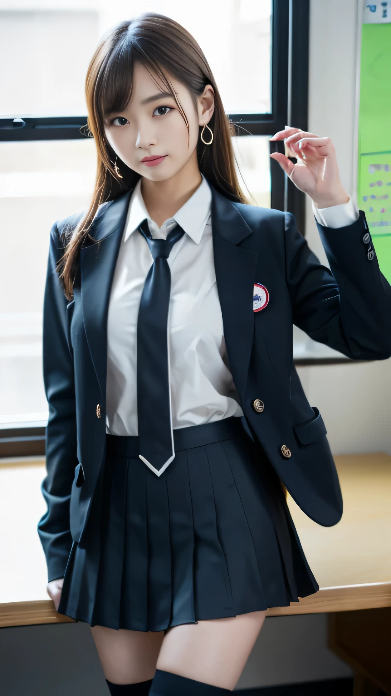 Mix 4, (16K, original photo, Best image quality, masterpiece: 1.45), (actual, Photo realism: 1.37), tall girl, Lovely, city View,, professional lighting, photon mapping, school classroom, Physically based rendering, Dark brown hair,ponytail hairstyle, Well groomed and beautiful eyes、((double eyelids))、super Lovely girl, (((Uniforms、suit、Long-sleeved shirt worn by Japanese high school girls、ribbon tie、Dark blue mini skirt,、dark blue socks、black loafers))), highest quality photos, High resolution, 1080P, (Clear face), (detailed facial description), (Detailed description of handiwork), (Detailed CG)、Extreme light and shadow、messy hair、masterpiece、Rich details、(detailed facial features)、(Highest Quality Photomuscle Parts)、(delicate eyes)、look in front of you、fine clavicle、((Thin and big))、(((Japanese schoolgirl wearing jacket long sleeve shirt)))、((neat idol))、((school entrance、campus、Set in the academic building))、(Take photos from random angles)、(((Lovely like an idol)))、earrings、A big smile、Draw the whole body starting from the knees、Don't draw thin lines、(((Sports bag for Japanese schoolgirls)))、(Big breasts and sagging:1.2)、Big and firm ass、two arms、two legs、(((from the front:0.7)))、karate、(((symmetrical eyes)))、standing posture、please put your hands on the table、Don't remove your tie from your jacket、lift your butt:1.5,original:1.5,