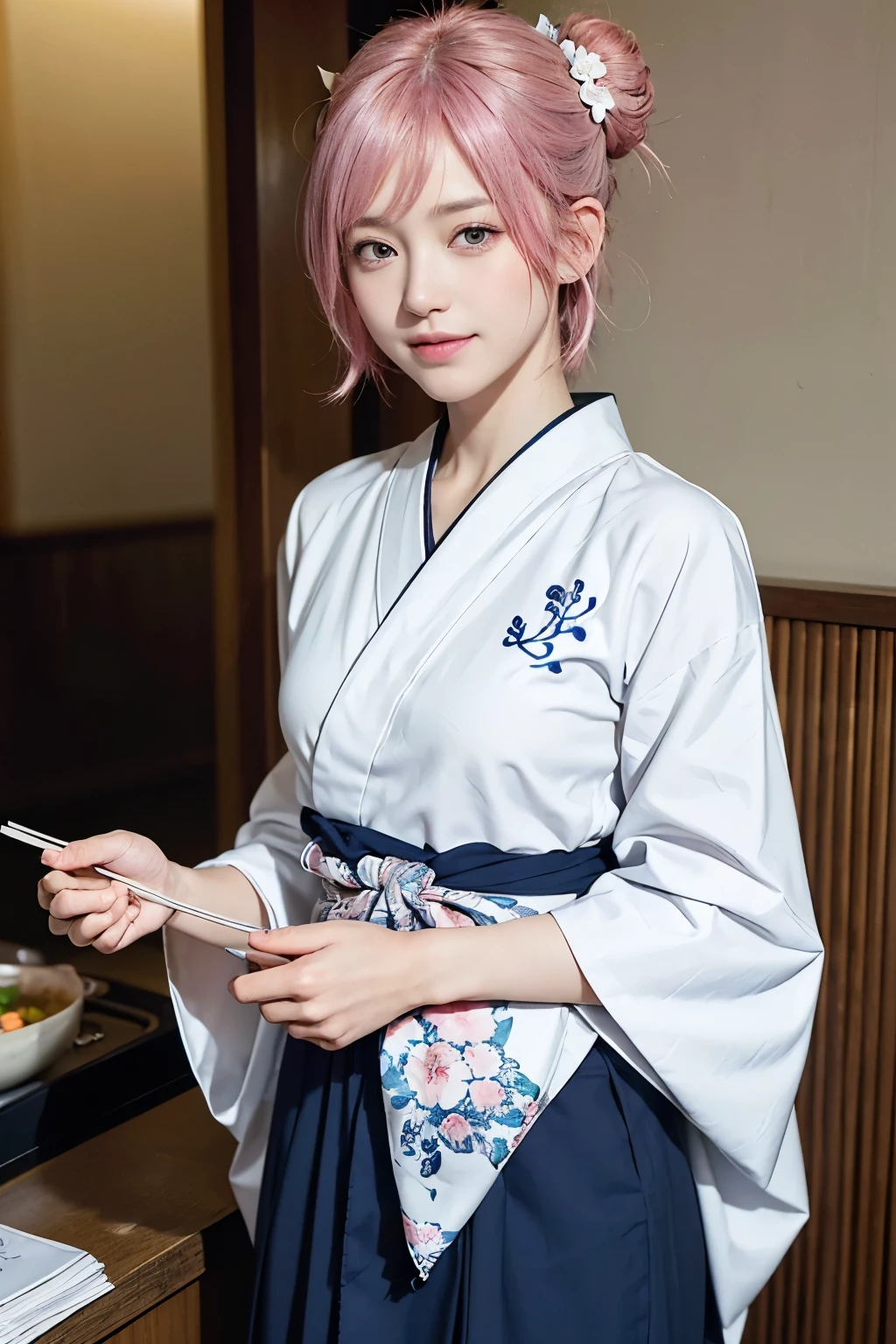 (8K, highest quality, masterpiece:1,2), (realistic, Photoreal:1.37), Super detailed, one girl,), (very detailed), (detailed and beautiful eyes), (highest qualityの), (Super detailed ), (masterpiece), (detailed face),20-year-old, ,1 girl, ((pink hair,very short hair)), medium breasts, dressed, perfect lighting, break (navy blue haori:1.3), (white collar:1.2), (three quarter sleeves:1.2), (white kimono:1.4), (nature motif pattern:1.2), (navy blue hakama:1.3), (Ankle length:1.2), (The hem is not too wide either、:1.2), (white obi:1.4), (simple knot:1.2), (white foot bag:1.2), (Black geta:1.2), (low height:1.2), (Easy to walk:1.2), (bun hair:1.2), (hair ornaments:1.2), (flowers and pieces of paper:1.2), break bun hair, flowers and pieces of paper hair ornaments, smile, friendly, looking at camera, hold soba with right hand, Holding chopsticks with left hand, Please do not put soup on the soba., In front of the soba shop counter, Wall with menu and photos, Natural light, Adding soft shadows to the face