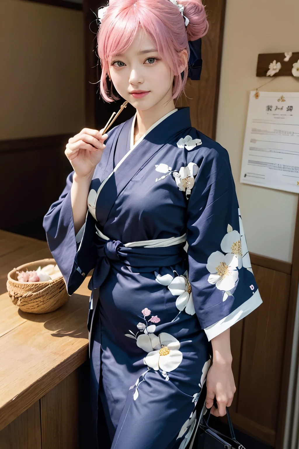 (8K, highest quality, masterpiece:1,2), (realistic, Photoreal:1.37), Super detailed, one girl,), (very detailed), (detailed and beautiful eyes), (highest qualityの), (Super detailed ), (masterpiece), (detailed face),20-year-old, ,1 girl, ((pink hair,very short hair)), medium breasts, dressed, perfect lighting, break (navy blue haori:1.3), (white collar:1.2), (three quarter sleeves:1.2), (white kimono:1.4), (nature motif pattern:1.2), (navy blue hakama:1.3), (Ankle length:1.2), (The hem is not too wide either、:1.2), (white obi:1.4), (simple knot:1.2), (white foot bag:1.2), (Black geta:1.2), (low height:1.2), (Easy to walk:1.2), (bun hair:1.2), (hair ornaments:1.2), (flowers and pieces of paper:1.2), break bun hair, flowers and pieces of paper hair ornaments, smile, friendly, looking at camera, hold soba with right hand, Holding chopsticks with left hand, Please do not put soup on the soba., In front of the soba shop counter, Wall with menu and photos, Natural light, Adding soft shadows to the face