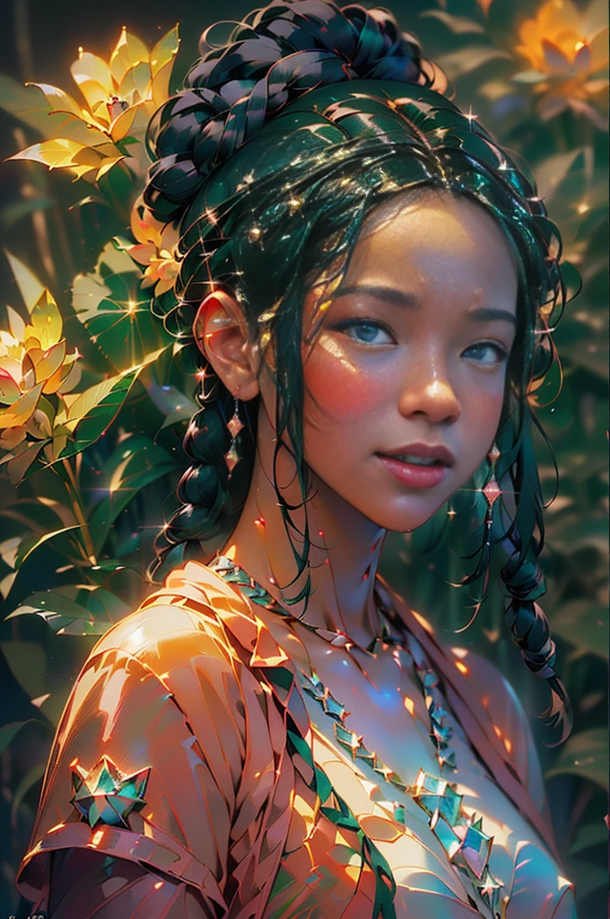(((Create one girl 16+ years old.), (realistic), (close-up), (standing at full height), (mysterious))_((Girl), (green:1.5, orange:1.1 , white: 1.3, yellow: 1.3))_((very sexy girl with dreadlocks), (tattoos), (bare parts of the body), (down jacket: 1.2), (jacket on the naked body, T-shirt, thong)) _(( Higuchi Kaede, 1 girl, virtual youtuber, Single, long hair, Black skin, dark skin, small, Green hair, black hair, multicolored hair, diamond shaped eyes, star shaped eyes, cardigan bow, short skirt, pleated, line , pastel colors, pastel clothes, close-up))_((Beautiful figure, half-turned 16+ years),(realistic)),((small peach breasts, graceful figure, narrow waist, smooth hips)),((long double braids), (tight braids), (braided hair),(dark hair)),((red lips)), ((smile)))_ ((((Shiny skin:1.5, white skin, light skin: 1.5)) ,((sexy), (cute))_((fractals, Flowers, leaves, fog, lilies, background of circles))_((Charoscuro, contrast, warm - cold), (atmospheric visualization), (best quality), ( Virtual realism))_)))_(((Digital painting, anime style, cyberpunk), (best quality, 4k, high resolution, masterpiece: 1.2)),((ultra detail)),((realism, photorealism, photorealism: 1.37)))_(((Soft clear shapes, broad strokes, attention to detail)))_(((High quality, 16K | Ultra HD | Full